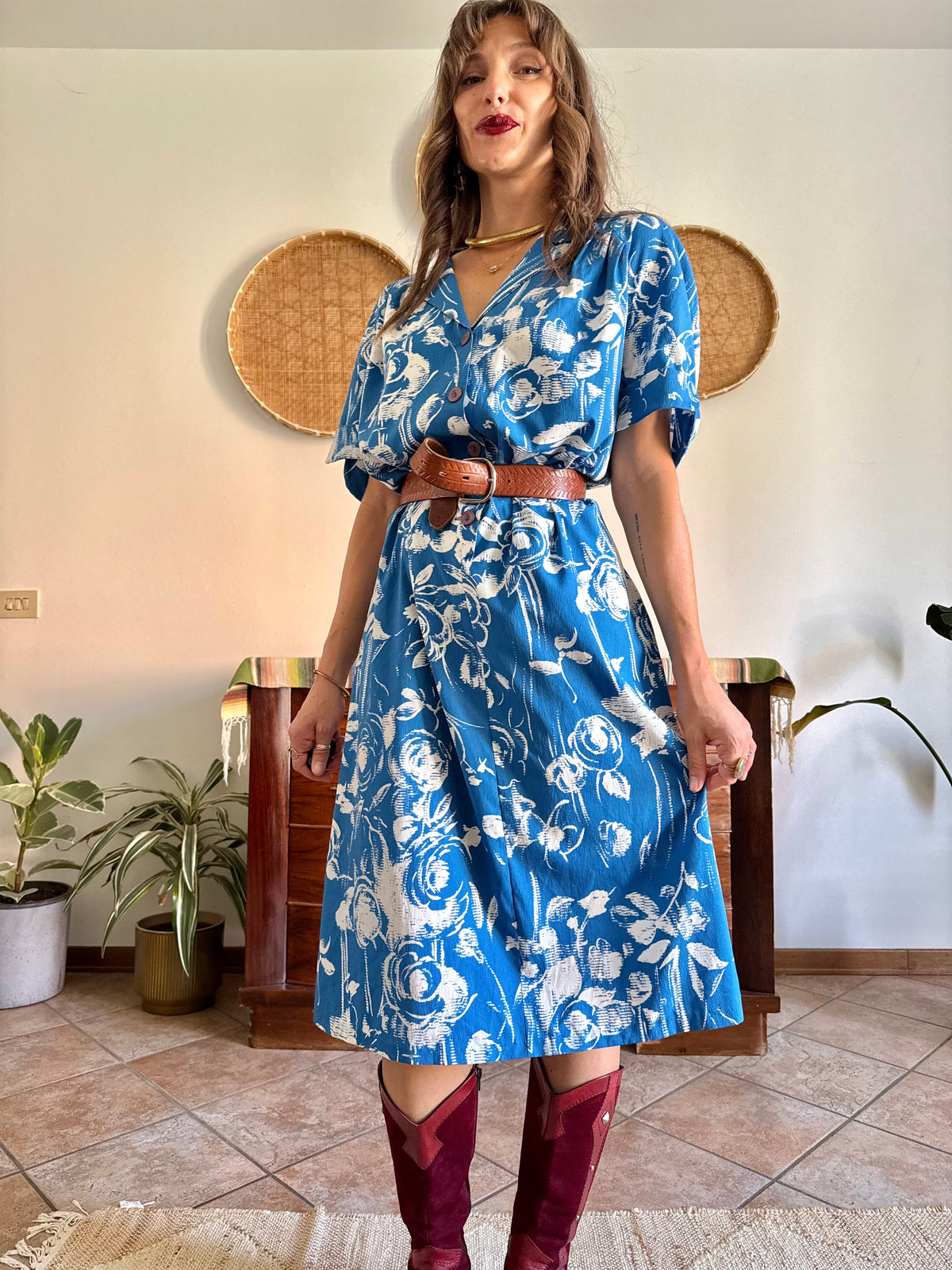 1960's vintage blue and cream floral silk midi dress