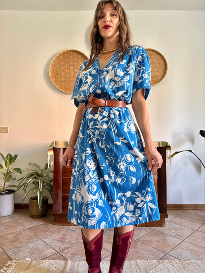 1960's vintage blue and cream floral silk midi dress
