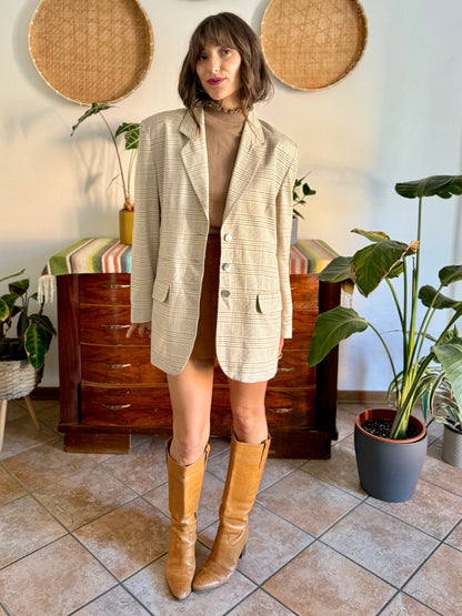 1970’s vintage wool cream, grey and tan plaid wool blazer with oversize mother of pearl buttons