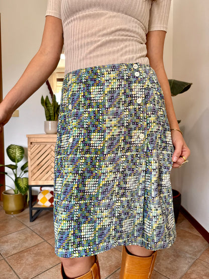 1970’s vintage turquoise, lilac and green geometric print silk midi skirt