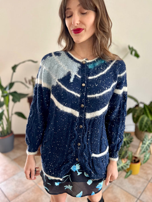 1970's vintage navy blue and cream speckled hand knit cardigan with turquoise asymmetric design
