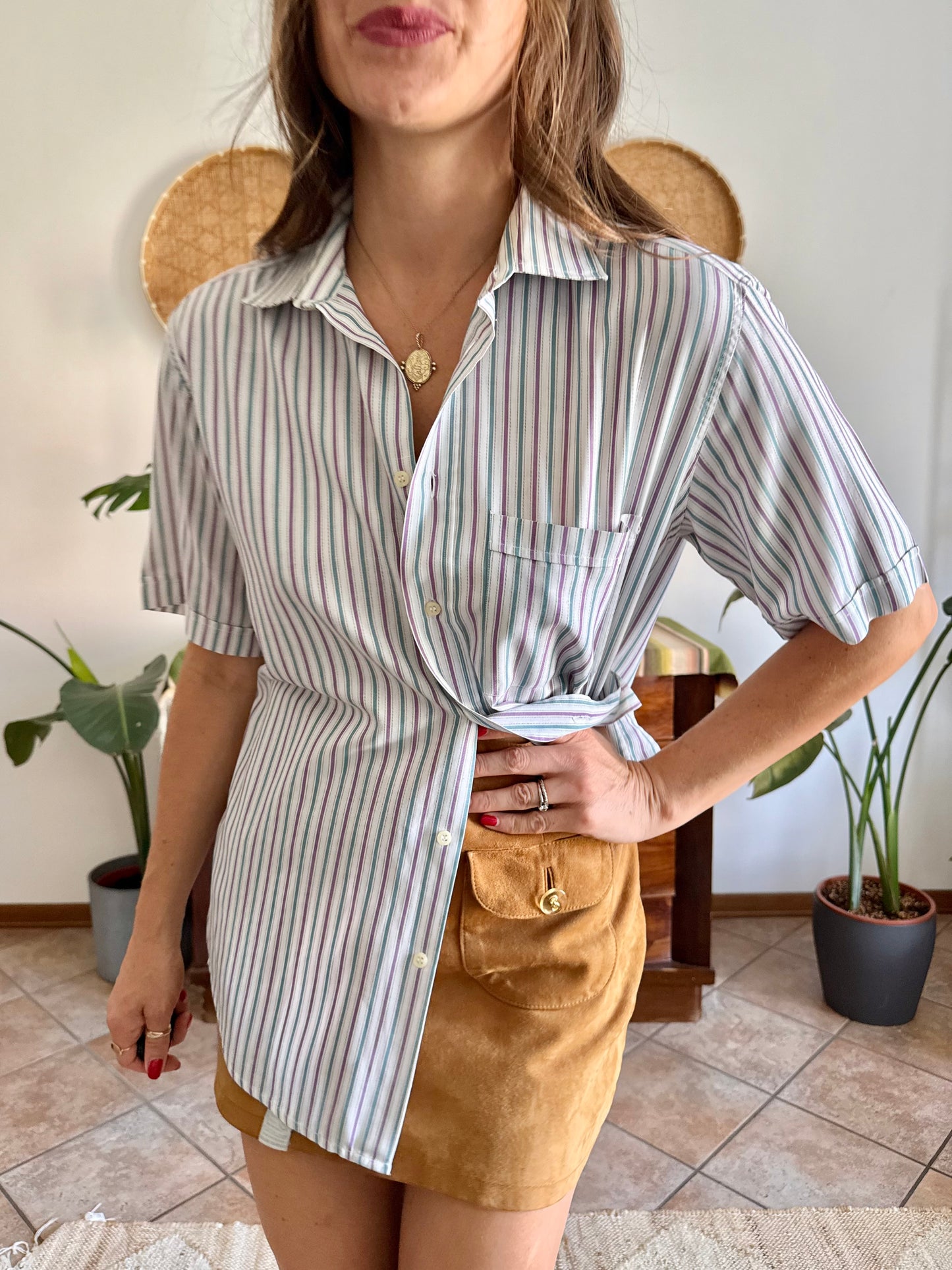 1970’s vintage lavender, turquoise and cream vertical stripe shirt