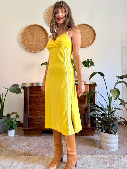 1990’s vintage canary yellow woven cotton midi dress with white stripe detailing