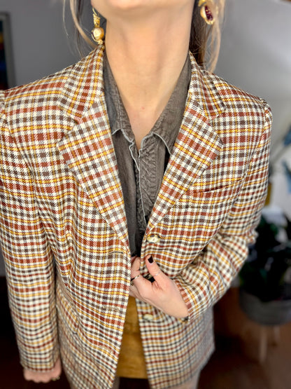 1970's vintage burgundy and brown oversize plaid wool blazer