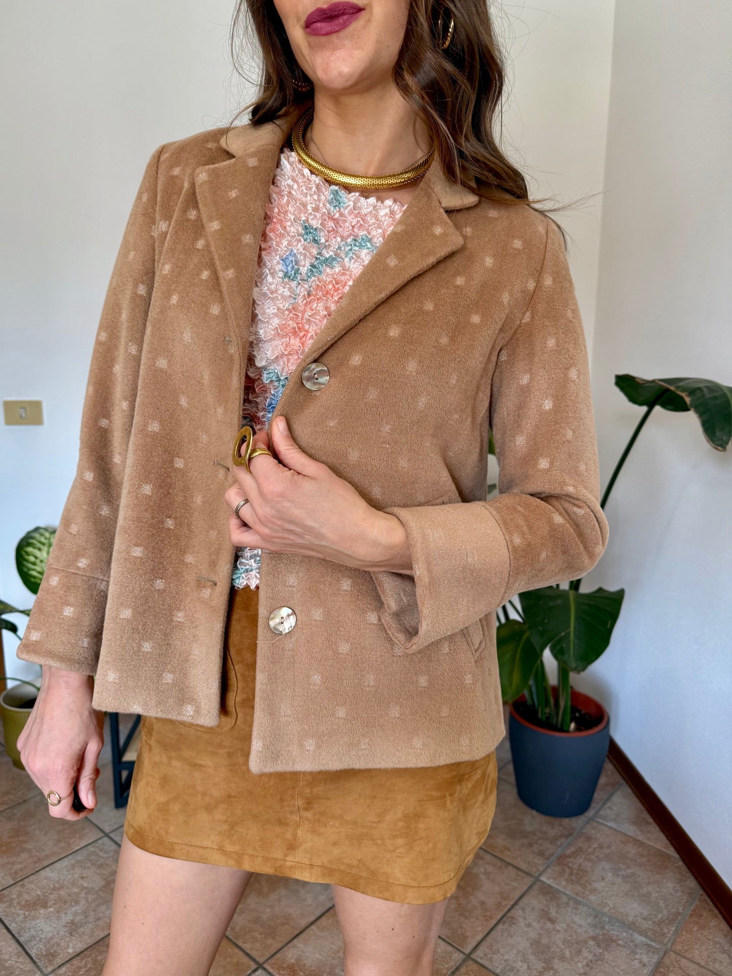 1990’s vintage tan cashmere jacket with metallic square woven pattern