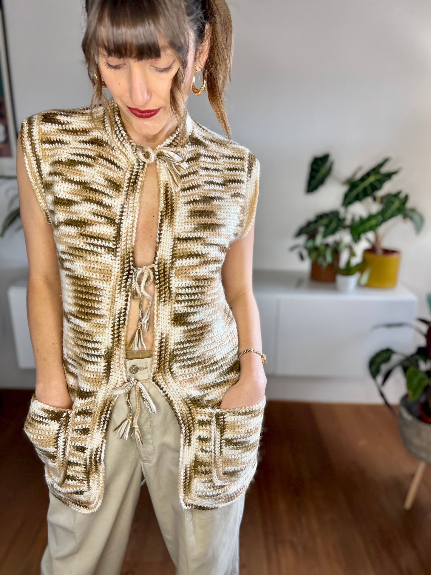 1970's vintage hand knit brown and cream tie front knit vest