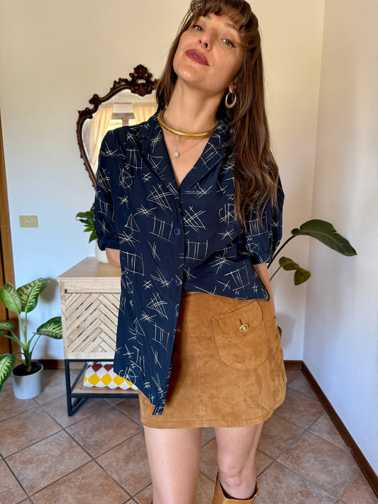 1970’s vintage navy blouse with cream abstract geometric brush stroke print