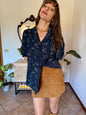 1970’s vintage navy blouse with cream abstract geometric brush stroke print