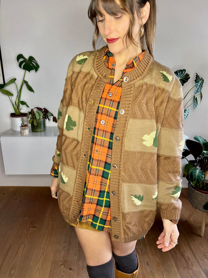 1970's vintage oversize tan trip knit cardigan with green leaf knit pattern