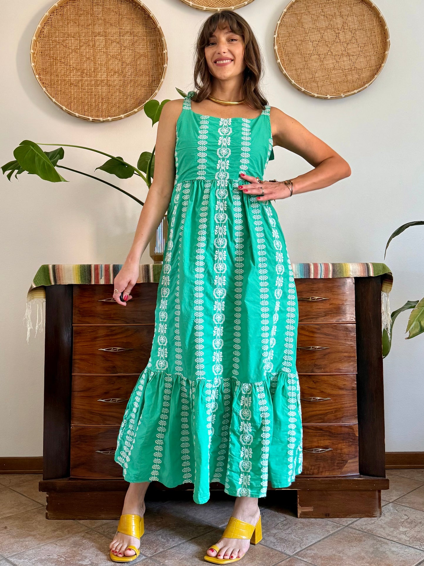 Y2K vintage green prairie maxi dress with white floral embroidery