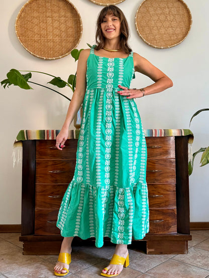 Y2K vintage green prairie maxi dress with white floral embroidery