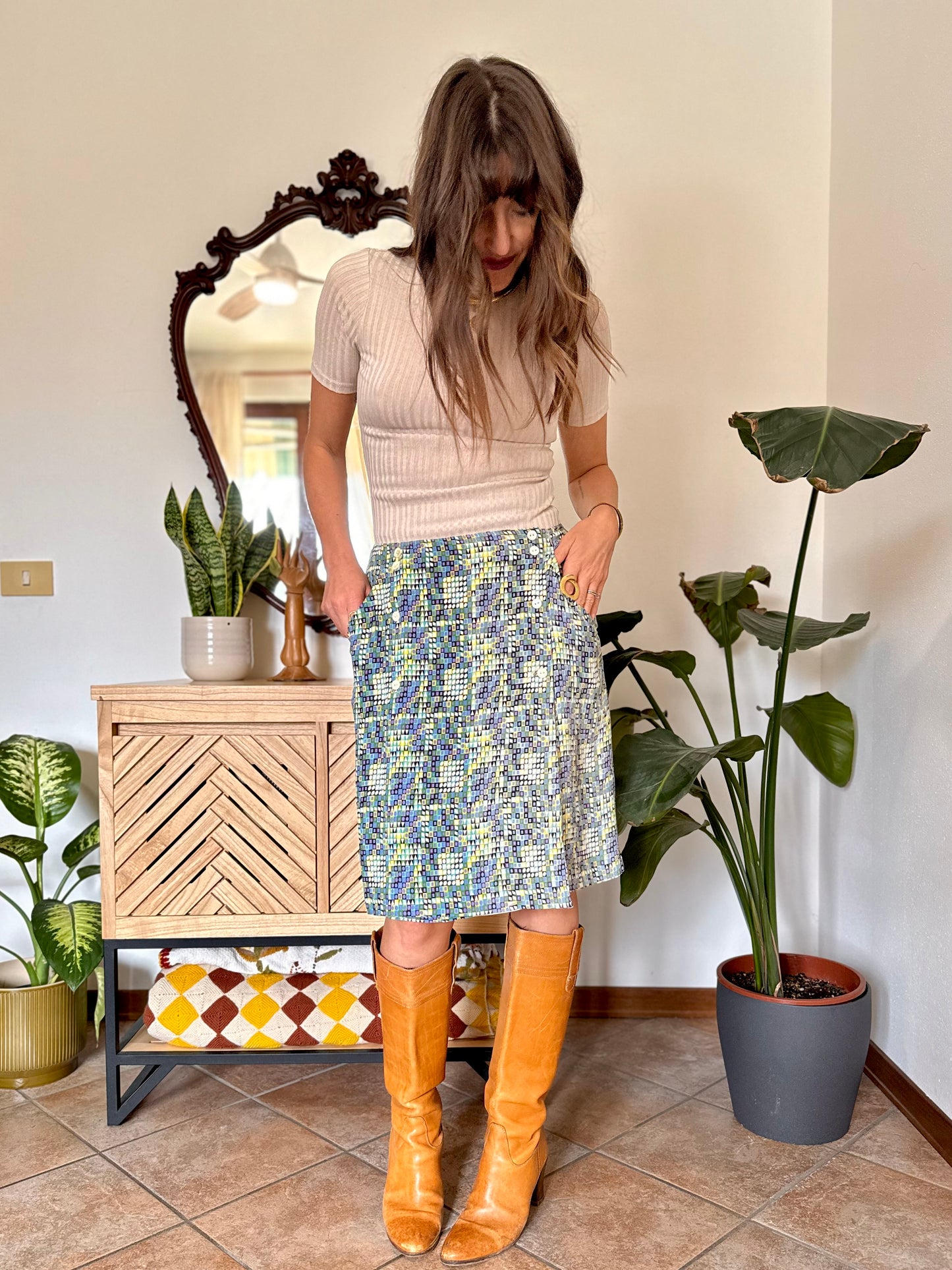 1970’s vintage turquoise, lilac and green geometric print silk midi skirt