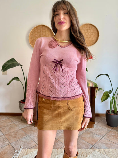 Y2K vintage pink knit bell sleeve knit pullover with bow details