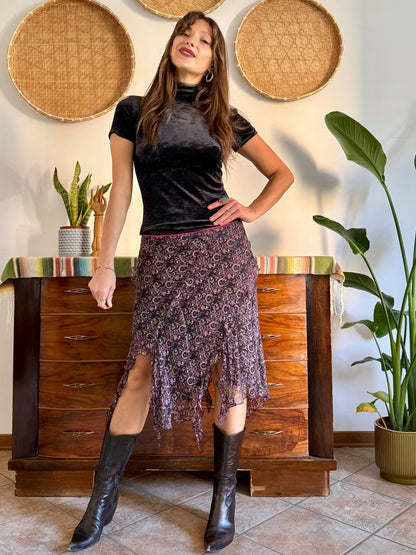 Y2K vintage asymmetrical hem silk paisley print skirt