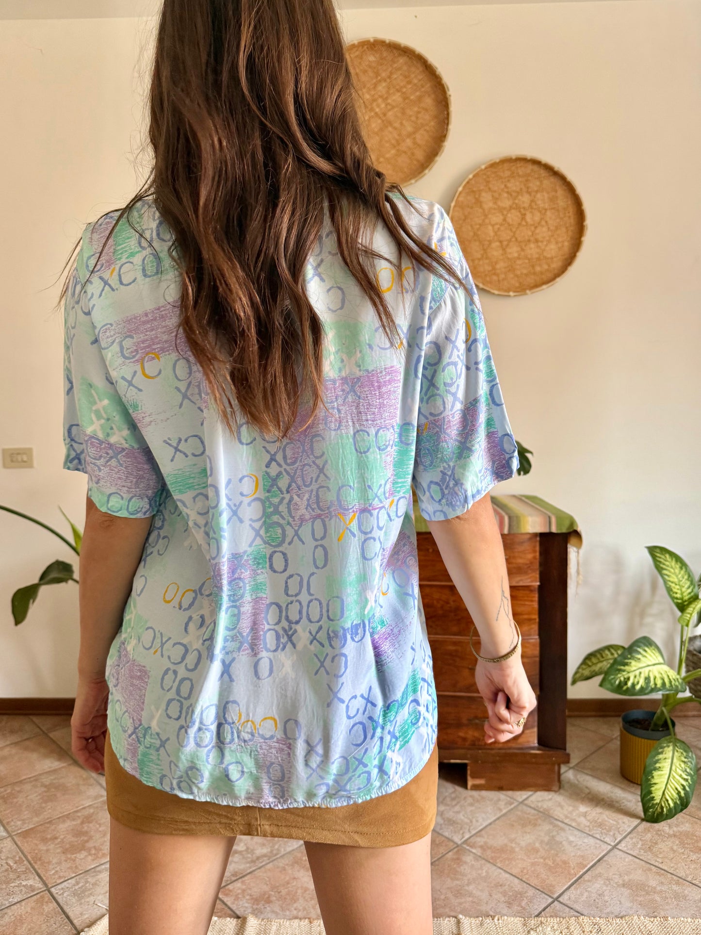 1990’s vintage lilac, turquoise and light blue geometric print blouse