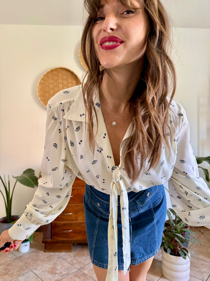 1970’s vintage cream with navy blue floral bow tie silk blouse