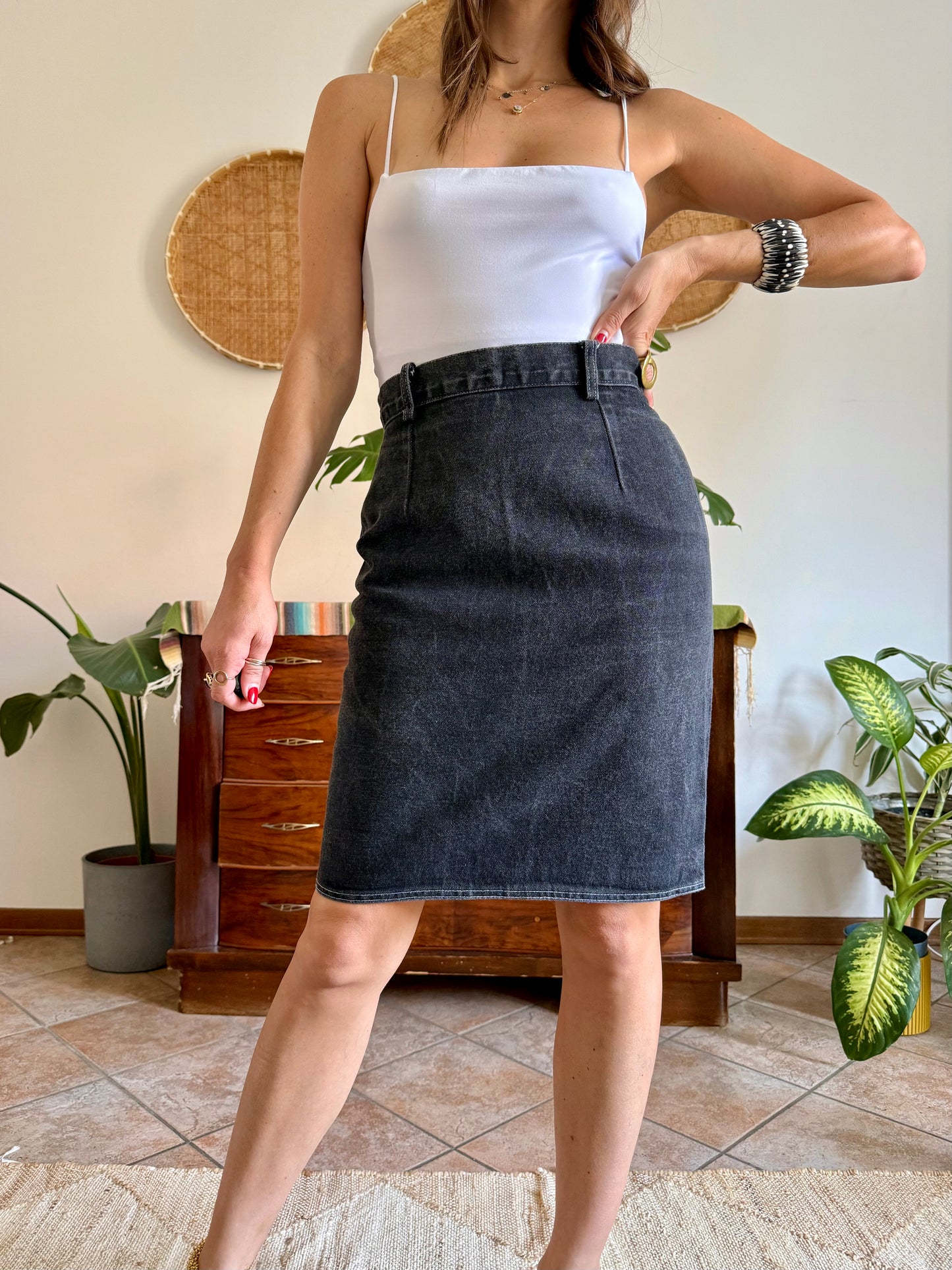1970’s vintage black denim midi skirt
