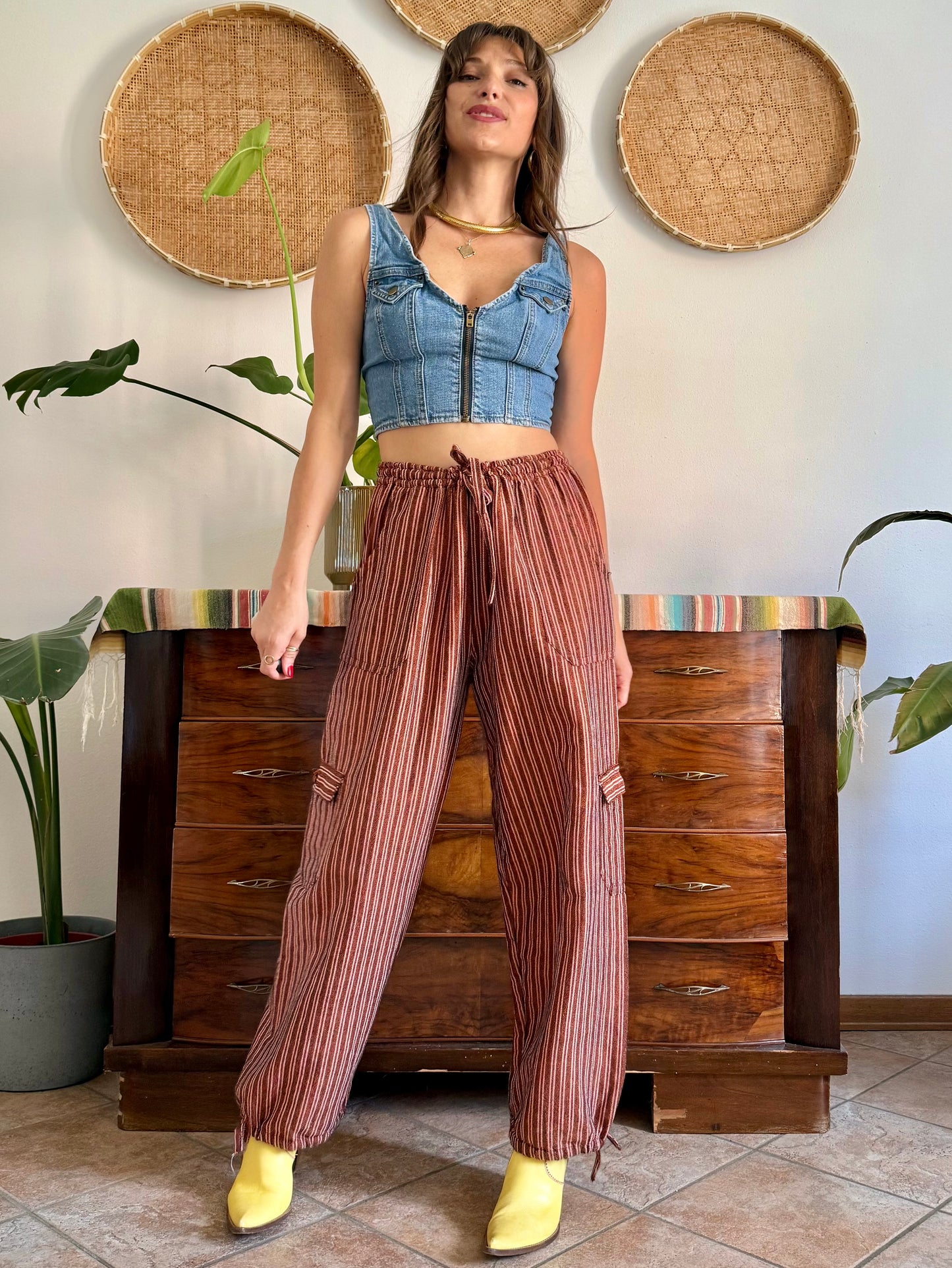 1990’s vintage chocolate brown and pink stripe woven wide leg trousers