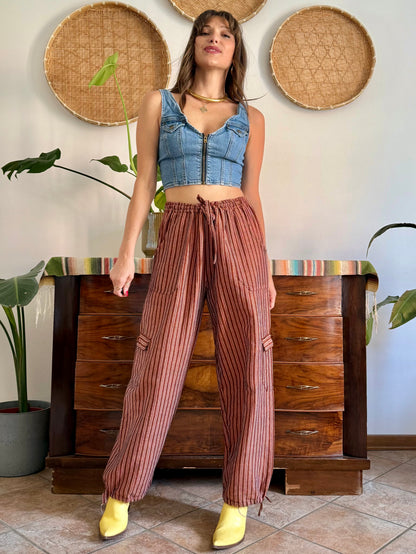 1990’s vintage chocolate brown and pink stripe woven wide leg trousers