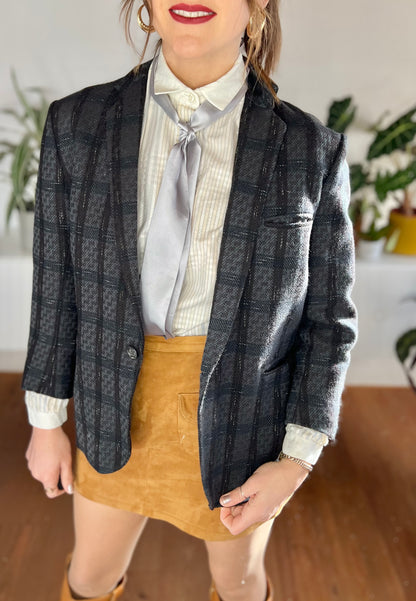 1970's black and blue tailored wool plaid blazer