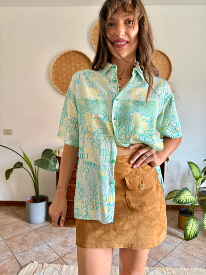 1990’s vintage yellow, teal and turquoise geometric print top