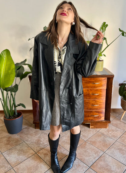 1980's vintage oversize black leather jacket with asymmetrical buttons