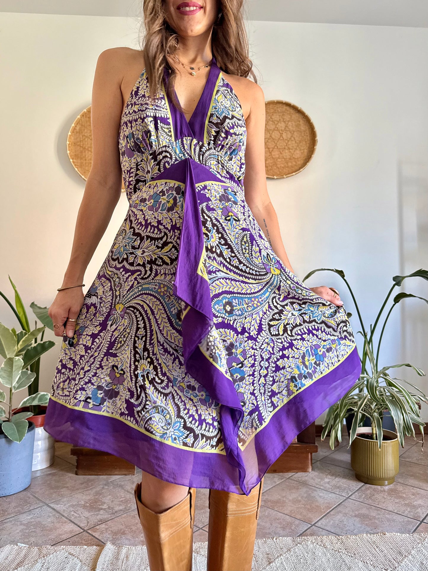 Y2k vintage purple and yellow floral silk halter top midi dress