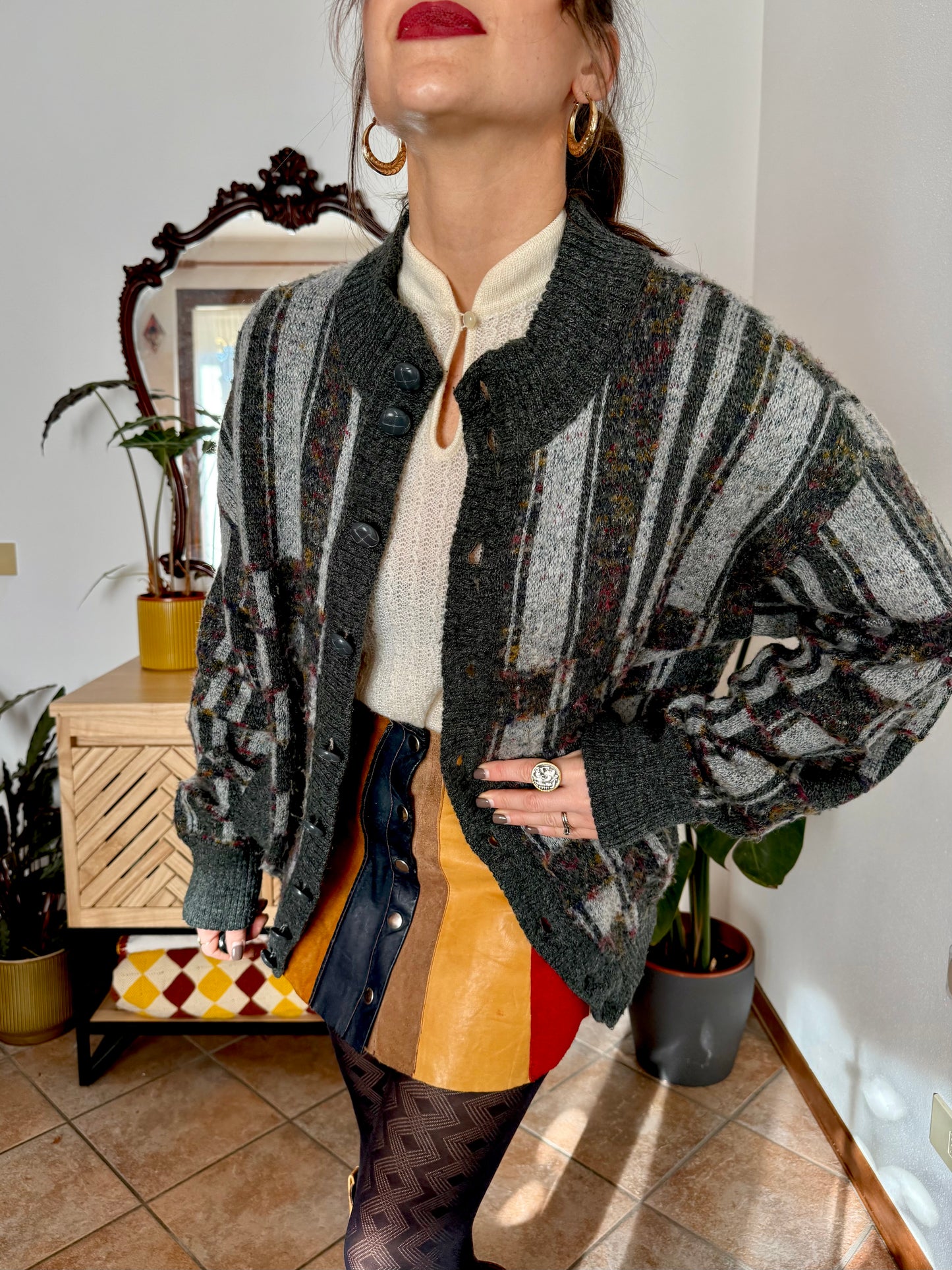 1970’s vintage grey cardigan with burgundy and yellow knit geometric pattern