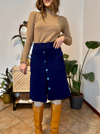 1960's blue knit wool midi skirt with light blue button details