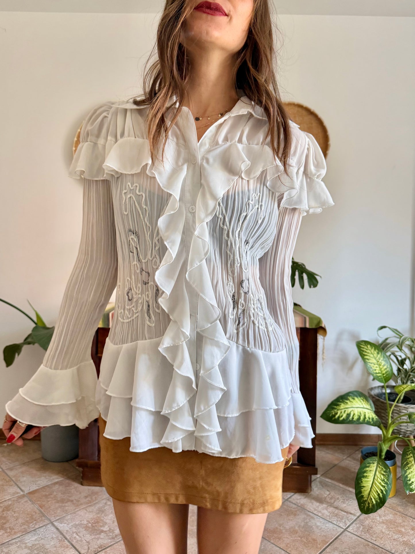1990’s vintage sheer white silk blend textured ruffle blouse with bell sleeves and floral embroider