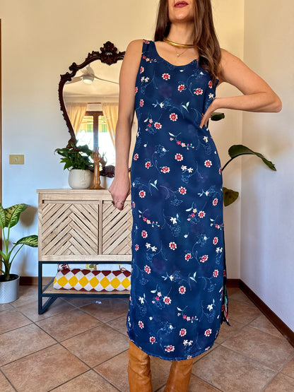 1990's vintage reversible navy blue floral print maxi dress