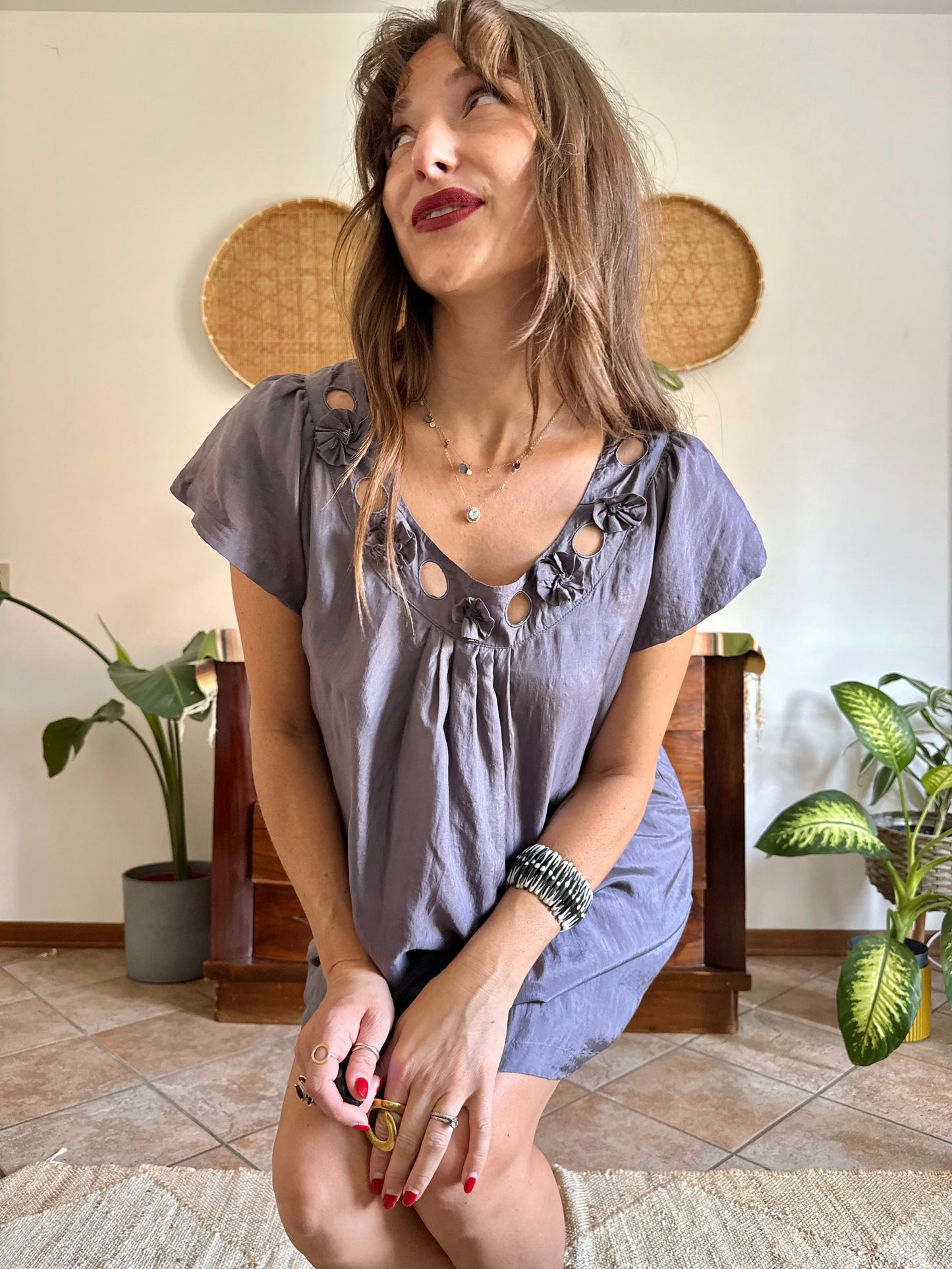 1990’s grey silk baby doll mini dress with appliqué floral detail along neckline