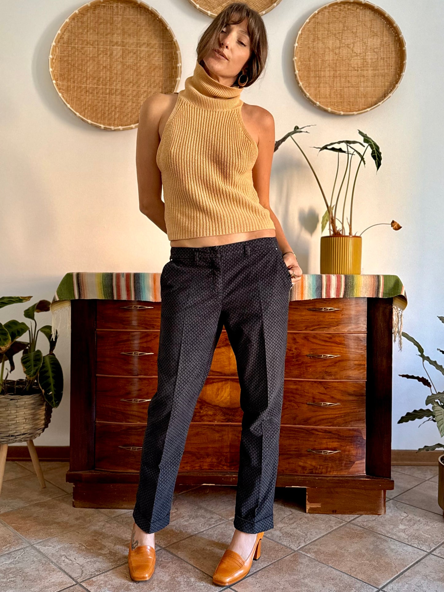 Y2k vintage black and light blue geometric print velvet trousers