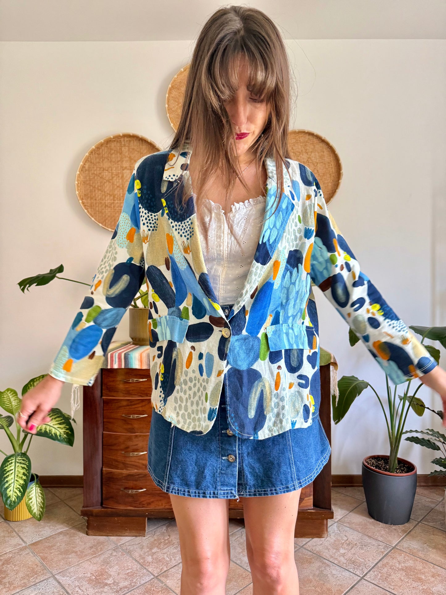 1990’s vintage blue, green and orange abstract print linen jacket