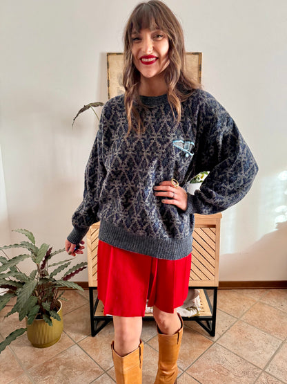 1970's grey wool pullover with blue geometric knit pattern and pocket detail