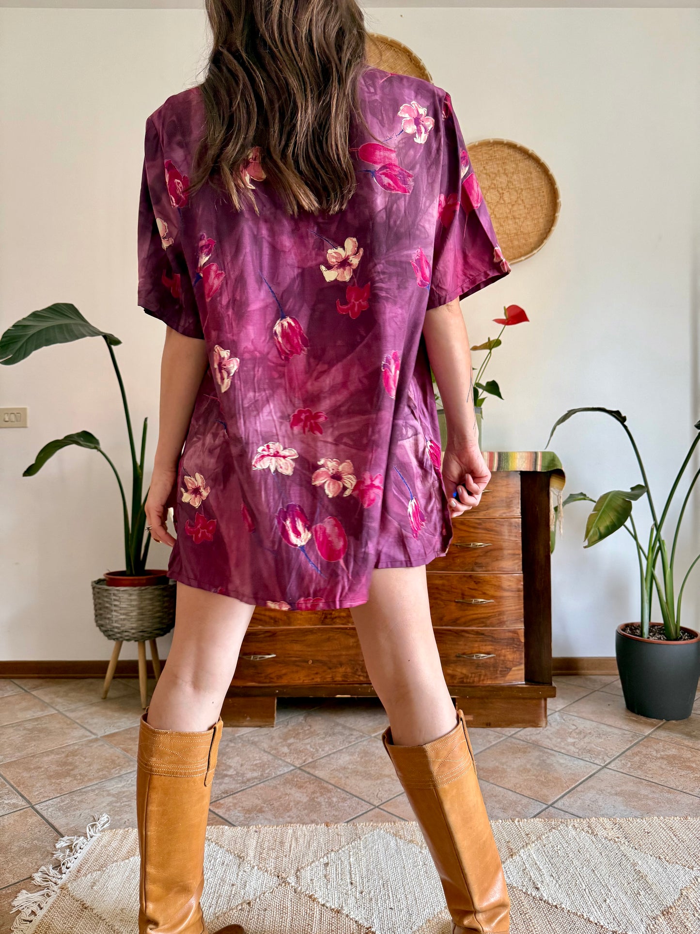 1980’s vintage fucsia and purple multi tonal floral shirt dress