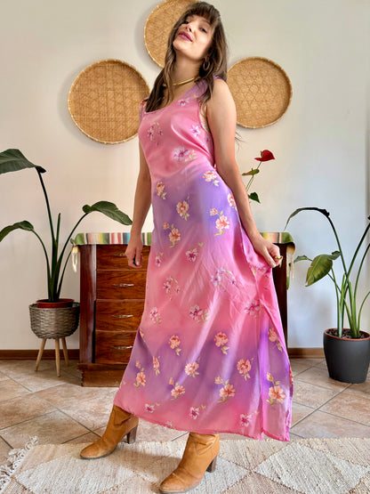 Y2K vintage lilac and pink semi sheer floral maxi dress