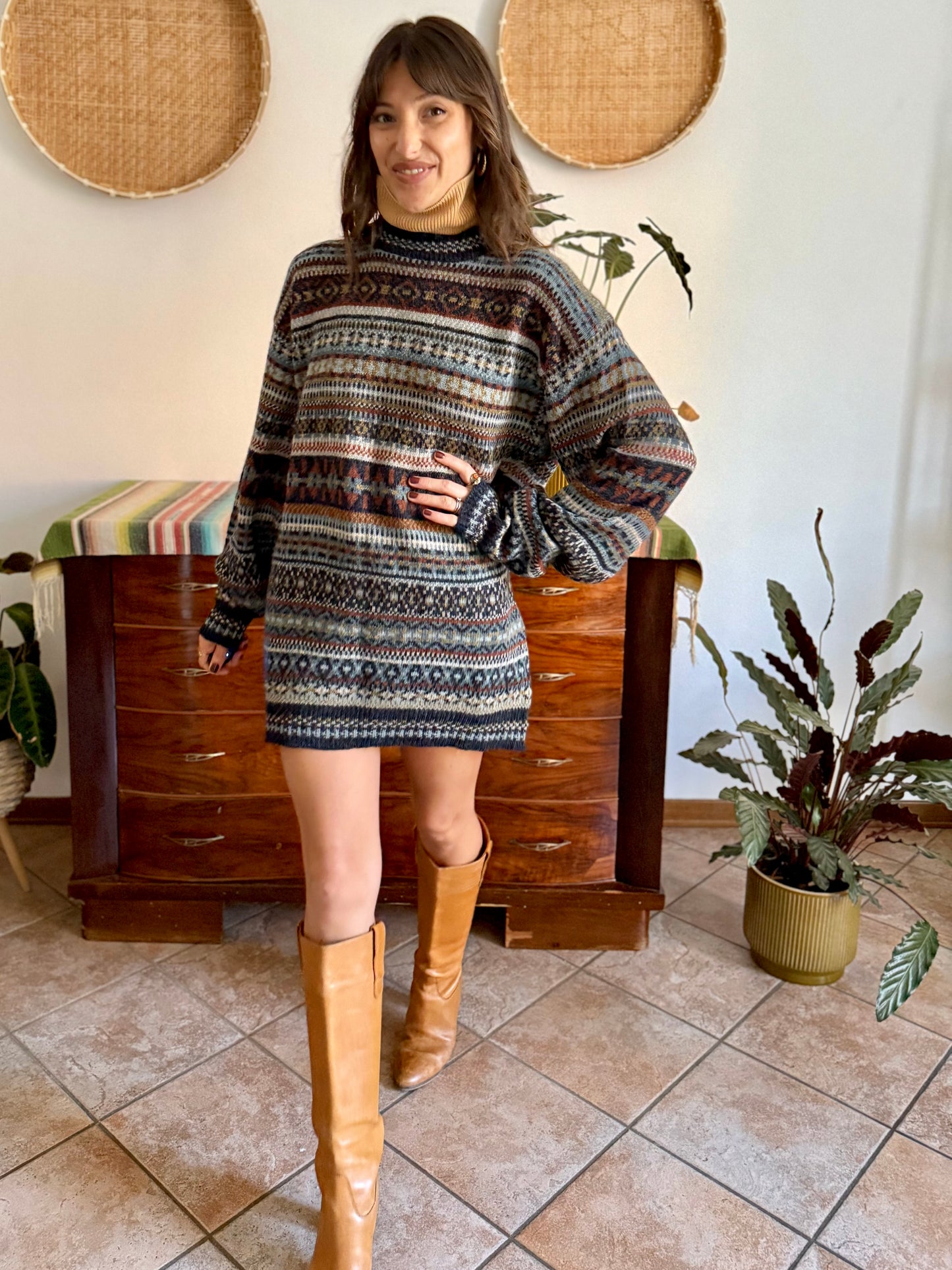 1990's vintage wool chocolate brown, navy and light blue geometric stripe knit sweater dress