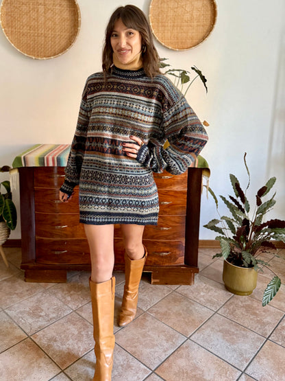 1990's vintage wool chocolate brown, navy and light blue geometric stripe knit sweater dress