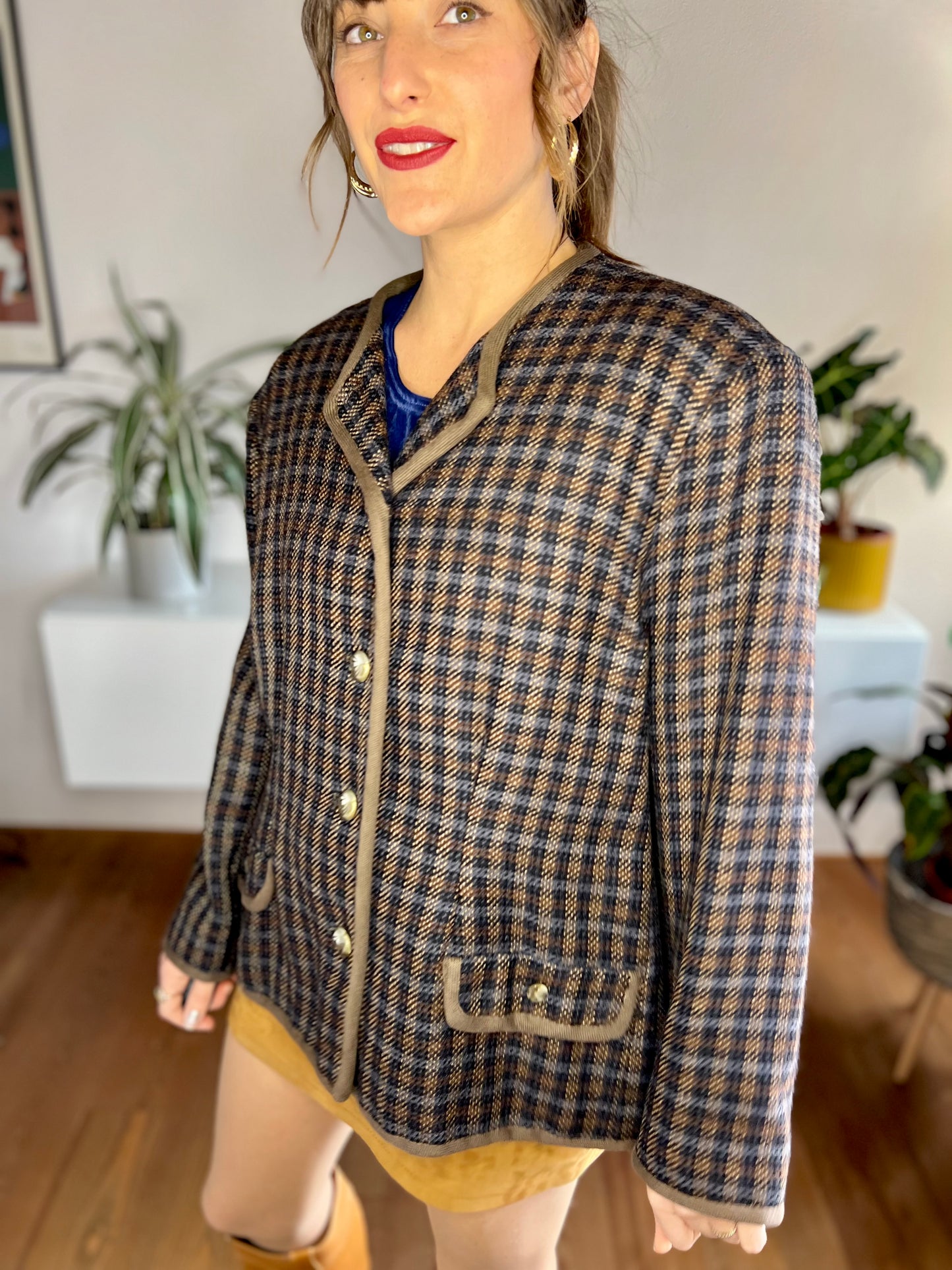 1970's vintage brown and blue oversize plaid wool blazer