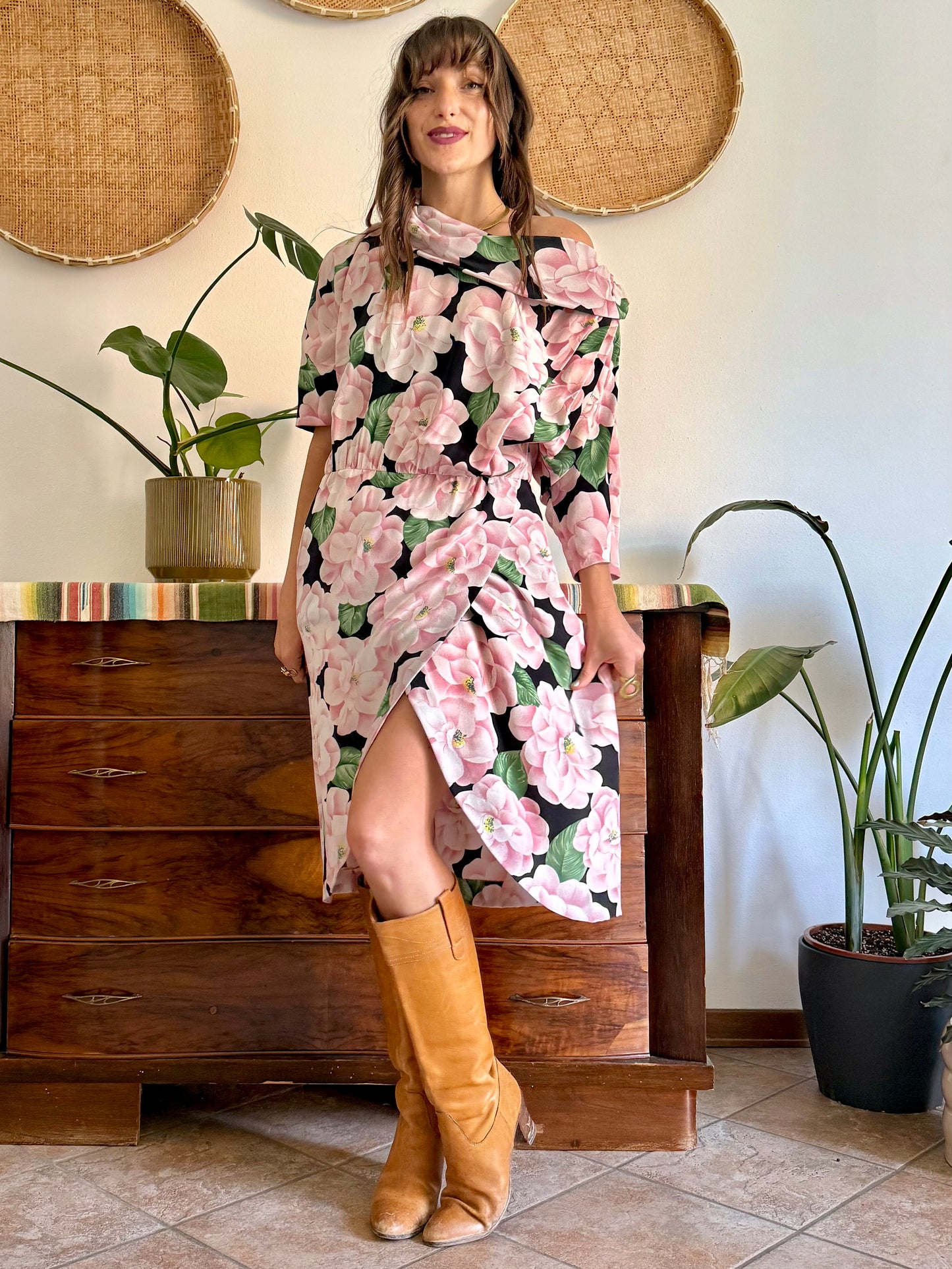 1960’s vintage pink, green and black silk floral print dress