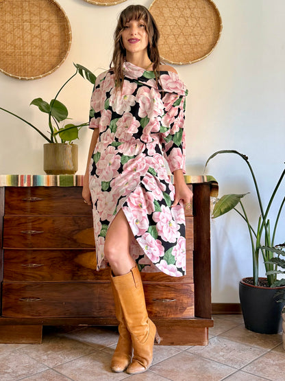 1960’s vintage pink, green and black silk floral print dress