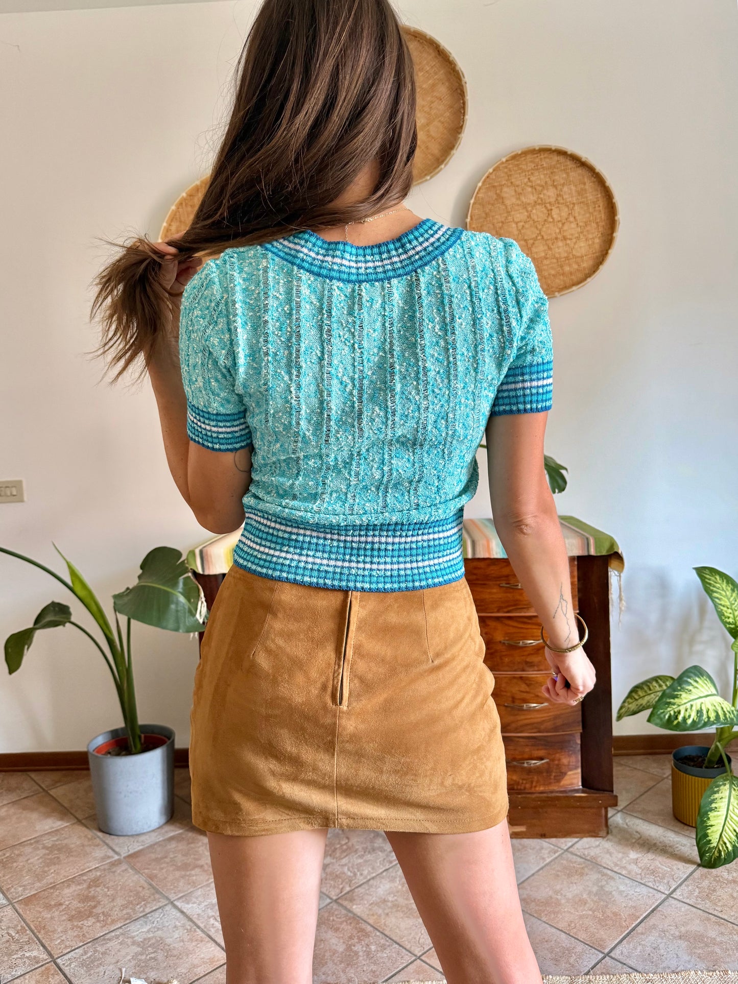 1970’s vintage turquoise,cream and blue textured knit top