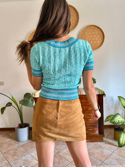1970’s vintage turquoise,cream and blue textured knit top