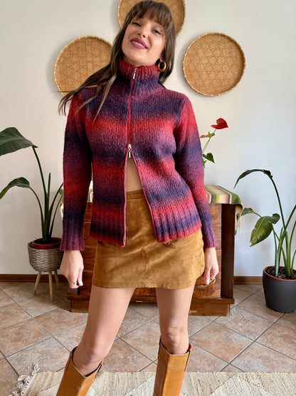 1990’s vintage purple and fucsia double zip mock neck wool cardigan