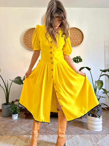 1960’s vintage canary yellow button down midi dress with black crochet detailing