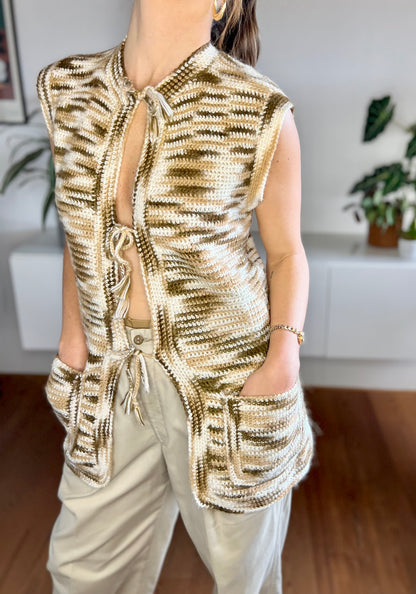 1970's vintage hand knit brown and cream tie front knit vest