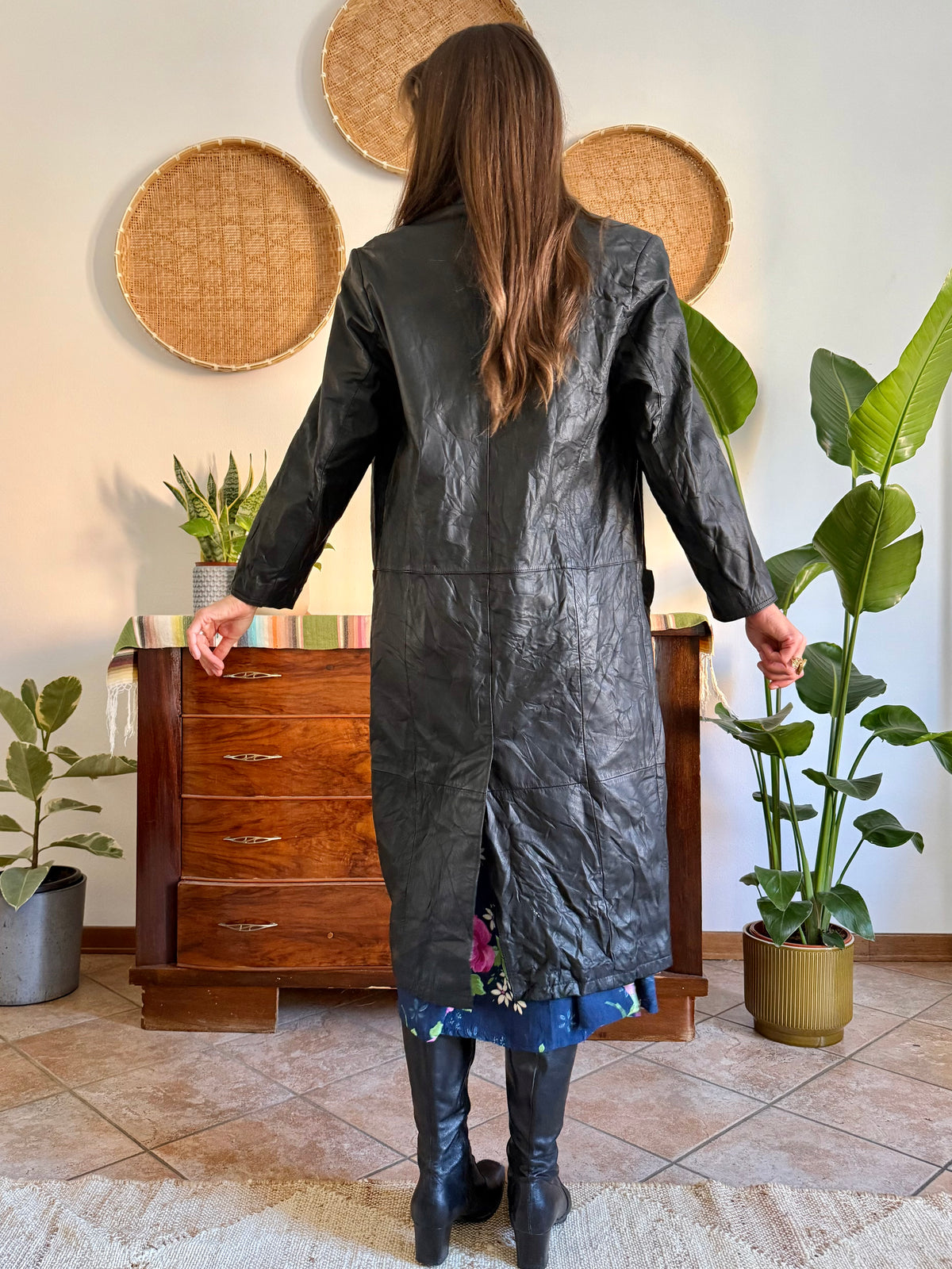 1990’s vintage butter soft black leather trench coat with lapel detail