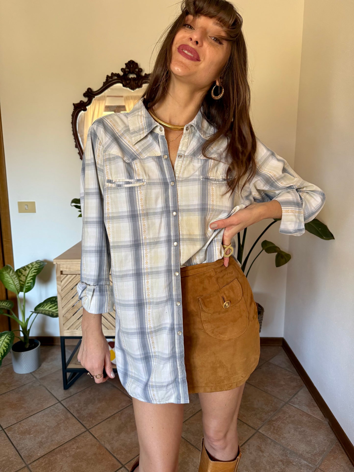1990's vintage light blue, cream and beige western pearl snap shirt
