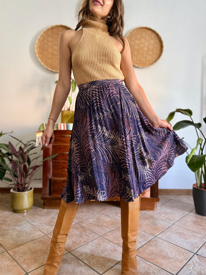 1970's vintage navy blue silk skirt with pink and cream abstract print